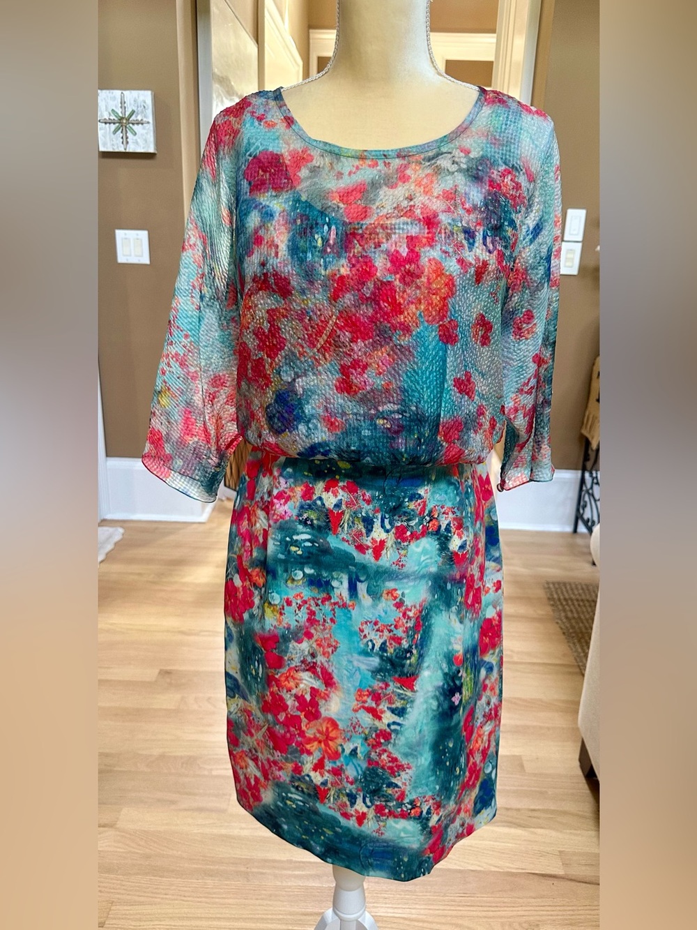 ERDEM Teal and Pink Floral Midi Dress